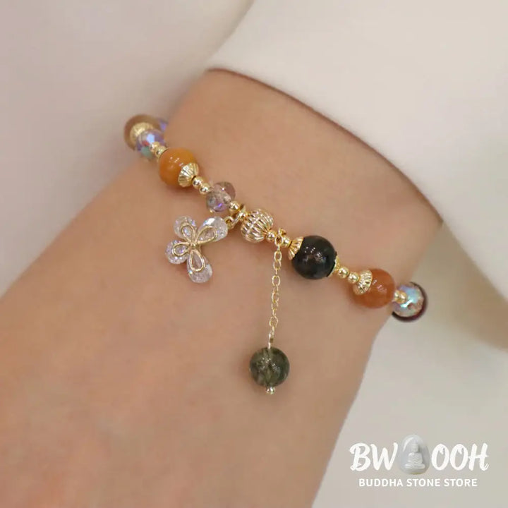 Buddha Stones Natural Fu Lu Shou Rainbow Crystal Rutilated Quartz Wealth Butterfly Charm Bracelet - BWOOOH - Fu Lu Shou