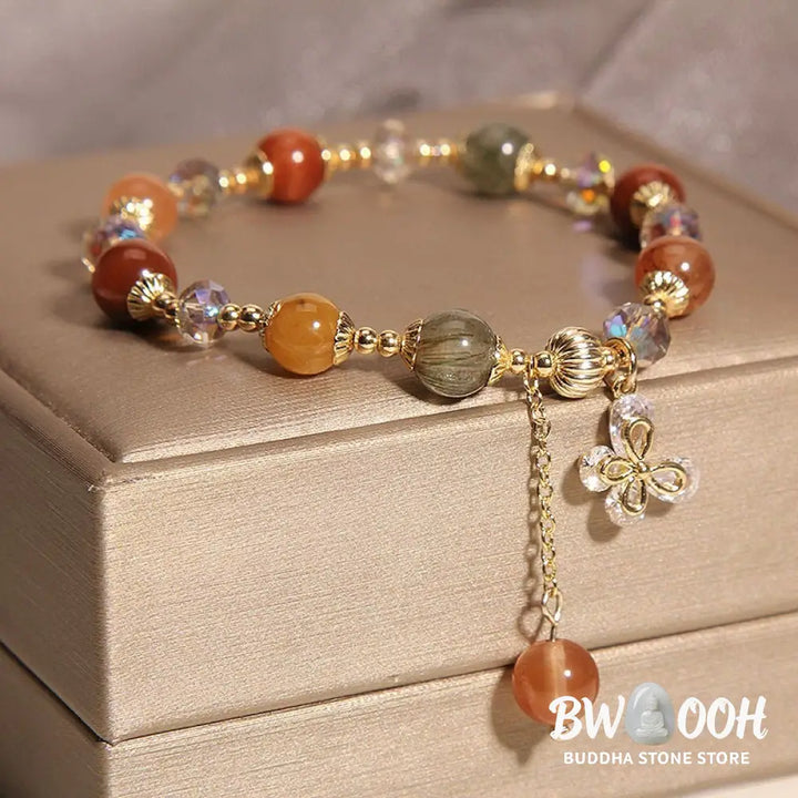 Buddha Stones Natural Fu Lu Shou Rainbow Crystal Rutilated Quartz Wealth Butterfly Charm Bracelet - BWOOOH - Fu Lu Shou