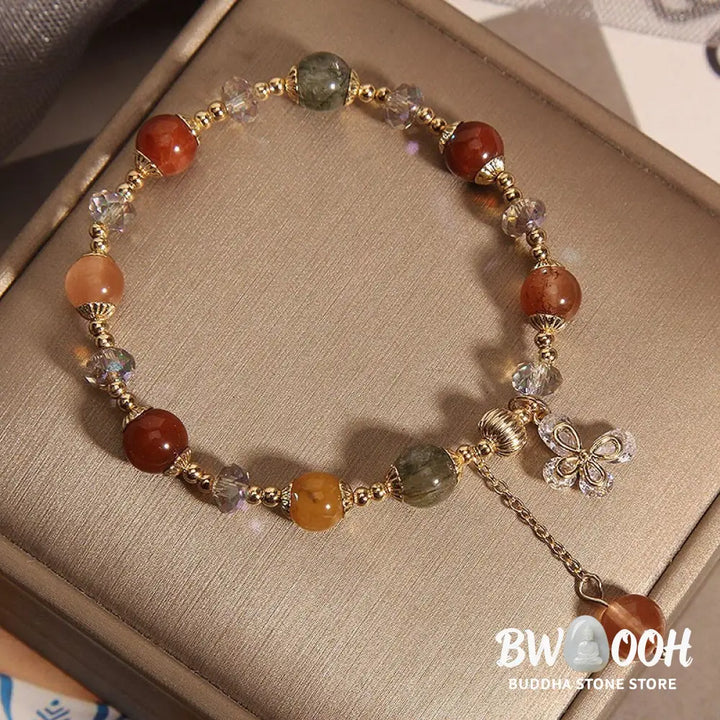 Buddha Stones Natural Fu Lu Shou Rainbow Crystal Rutilated Quartz Wealth Butterfly Charm Bracelet - BWOOOH - Fu Lu Shou