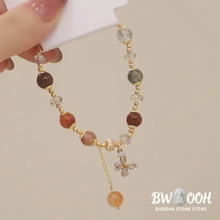Buddha Stones Natural Fu Lu Shou Rainbow Crystal Rutilated Quartz Wealth Butterfly Charm Bracelet - BWOOOH - Fu Lu Shou