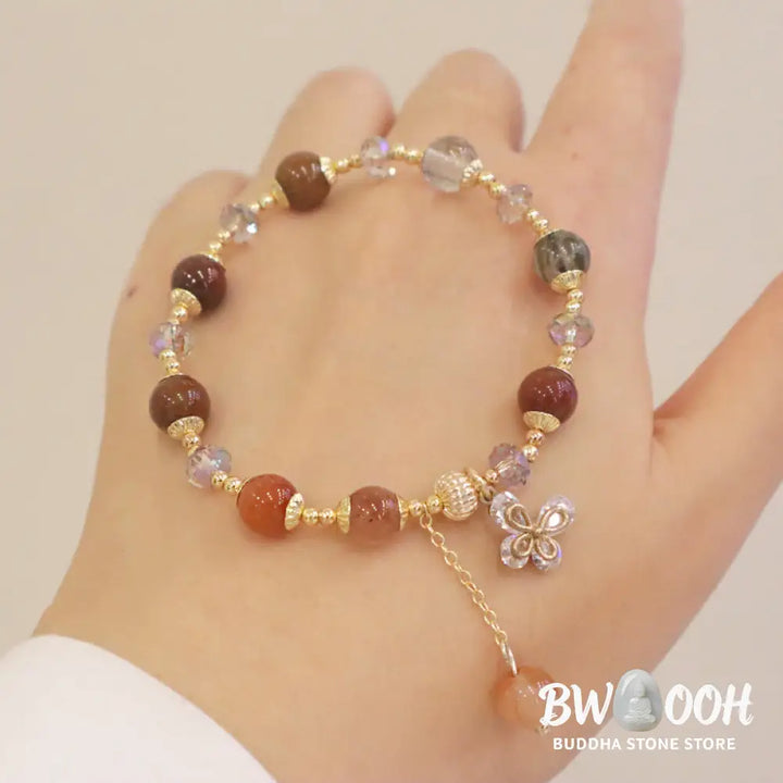 Buddha Stones Natural Fu Lu Shou Rainbow Crystal Rutilated Quartz Wealth Butterfly Charm Bracelet - BWOOOH - Fu Lu Shou