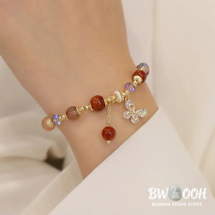 Buddha Stones Natural Fu Lu Shou Rainbow Crystal Rutilated Quartz Wealth Butterfly Charm Bracelet - BWOOOH - Fu Lu Shou