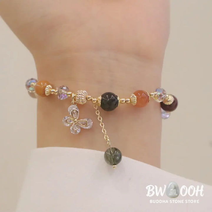 Buddha Stones Natural Fu Lu Shou Rainbow Crystal Rutilated Quartz Wealth Butterfly Charm Bracelet - BWOOOH - Fu Lu Shou