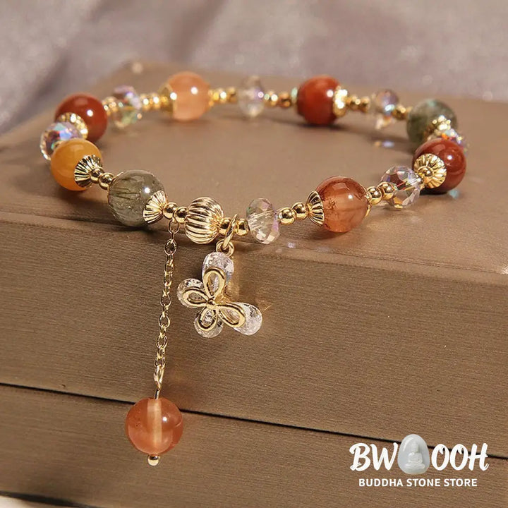 Buddha Stones Natural Fu Lu Shou Rainbow Crystal Rutilated Quartz Wealth Butterfly Charm Bracelet - BWOOOH - Fu Lu Shou