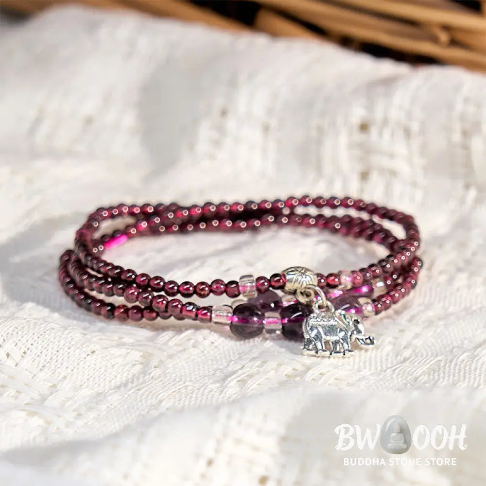 Buddha Stones Natural Garnet Elephant Abacus Lucky Bag PiXiu Protection Triple Wrap Bracelet - BWOOOH - Bracelet