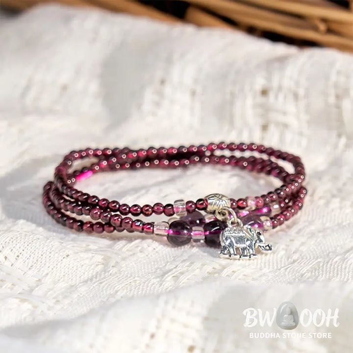 Buddha Stones Natural Garnet Elephant Abacus Lucky Bag PiXiu Protection Triple Wrap Bracelet - BWOOOH - Bracelet