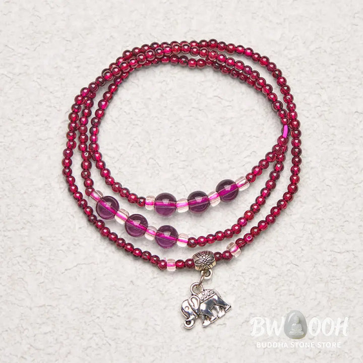 Buddha Stones Natural Garnet Elephant Abacus Lucky Bag PiXiu Protection Triple Wrap Bracelet - BWOOOH - Bracelet