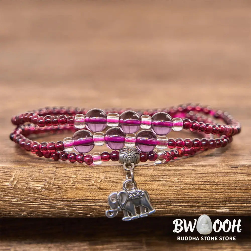 Buddha Stones Natural Garnet Elephant Abacus Lucky Bag PiXiu Protection Triple Wrap Bracelet - BWOOOH - Bracelet