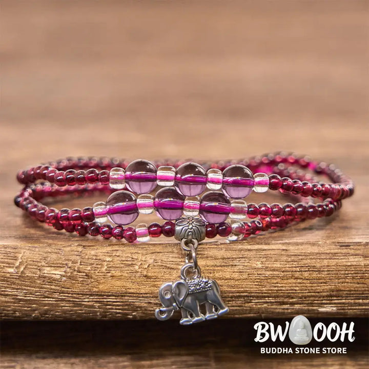Buddha Stones Natural Garnet Elephant Abacus Lucky Bag PiXiu Protection Triple Wrap Bracelet - BWOOOH - Bracelet