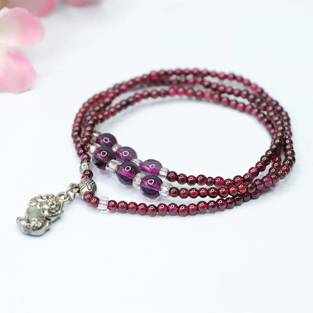 Buddha Stones Natural Garnet Elephant Abacus Lucky Bag PiXiu Protection Triple Wrap Bracelet - BWOOOH - PiXiu(Wrist