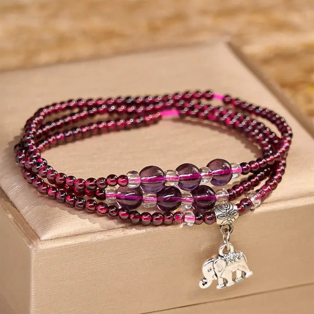 BWOOOH Natural Garnet Elephant Abacus Lucky Bag PiXiu Protection Triple Wrap Bracelet — Garnet feng shui bracelet for spir...