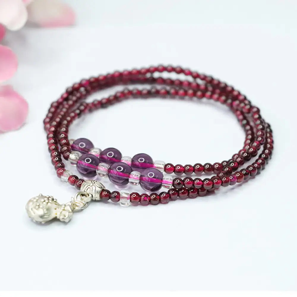 Buddha Stones Natural Garnet Elephant Abacus Lucky Bag PiXiu Protection Triple Wrap Bracelet - BWOOOH - Lucky Bag(Wrist