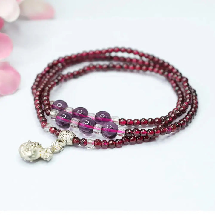Buddha Stones Natural Garnet Elephant Abacus Lucky Bag PiXiu Protection Triple Wrap Bracelet - BWOOOH - Lucky Bag(Wrist