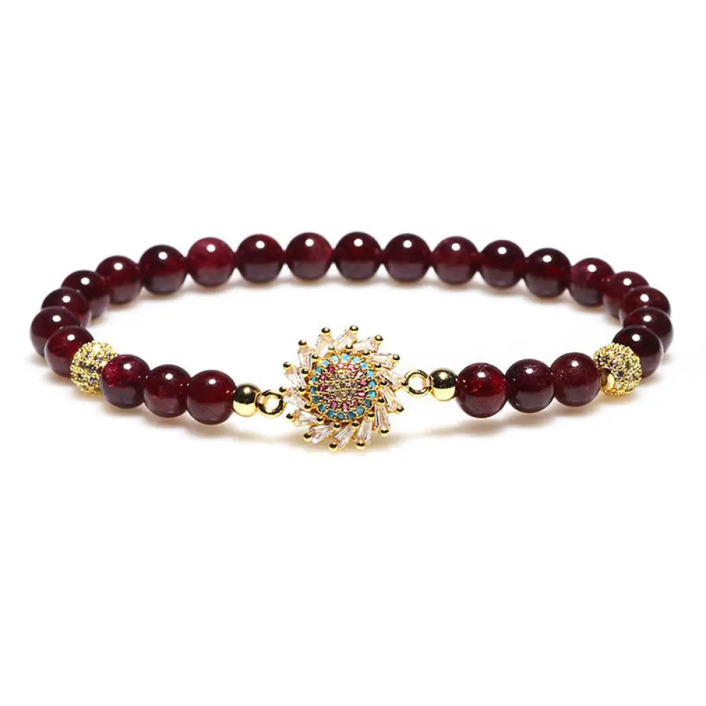 BWOOOH Natural Garnet Flower Zircon Bead Protection Bracelet - 6mm Garnet(Wrist Circumference 14-16cm) - Bracelet