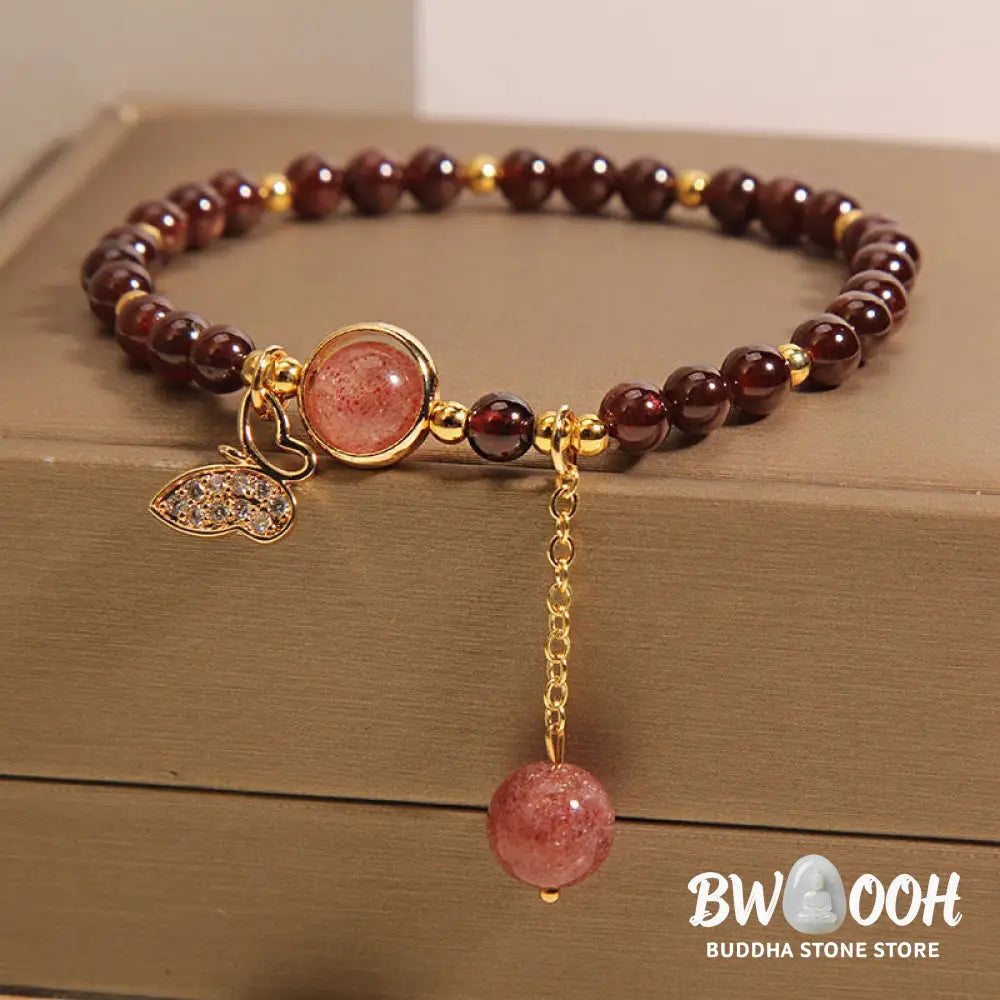 Buddha Stones Natural Garnet Strawberry Quartz Butterfly Protection Bracelet - BWOOOH - Garnet(Wrist Circumference