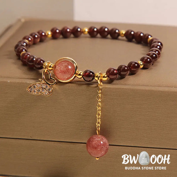 Buddha Stones Natural Garnet Strawberry Quartz Butterfly Protection Bracelet - BWOOOH - Garnet(Wrist Circumference