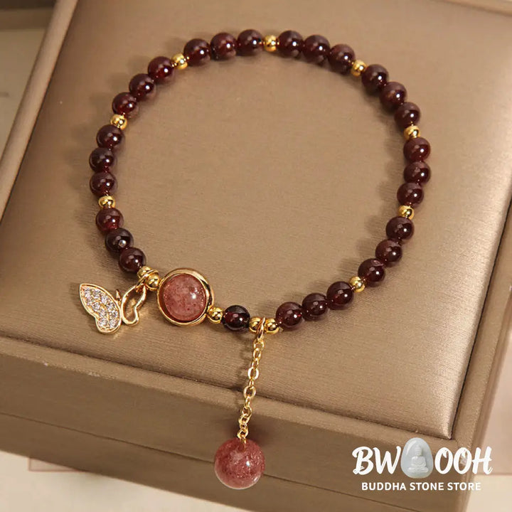 Buddha Stones Natural Garnet Strawberry Quartz Butterfly Protection Bracelet - BWOOOH - Garnet(Wrist Circumference
