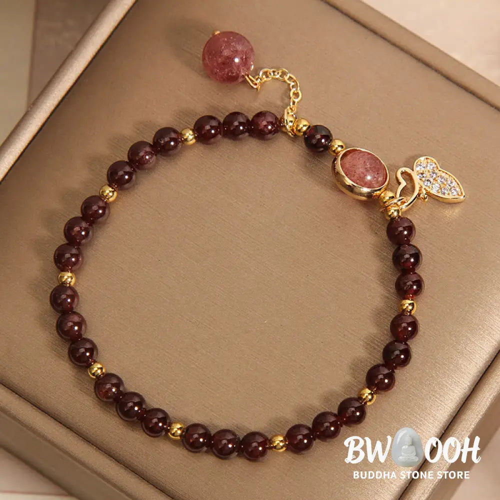 Buddha Stones Natural Garnet Strawberry Quartz Butterfly Protection Bracelet - BWOOOH - Garnet(Wrist Circumference