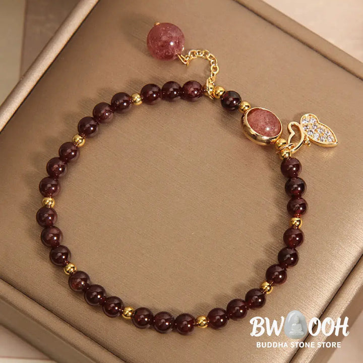 Buddha Stones Natural Garnet Strawberry Quartz Butterfly Protection Bracelet - BWOOOH - Garnet(Wrist Circumference