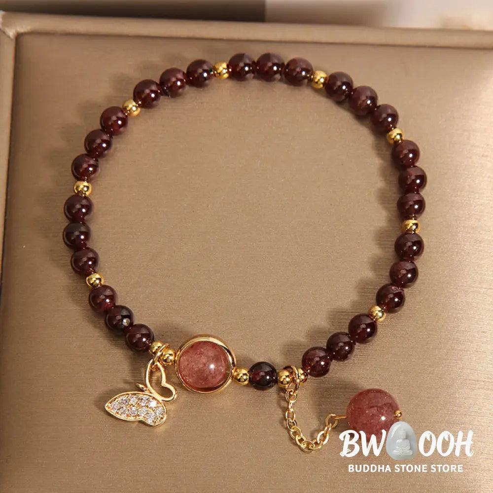 Buddha Stones Natural Garnet Strawberry Quartz Butterfly Protection Bracelet - BWOOOH - Garnet(Wrist Circumference