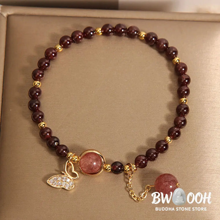 Buddha Stones Natural Garnet Strawberry Quartz Butterfly Protection Bracelet - BWOOOH - Garnet(Wrist Circumference