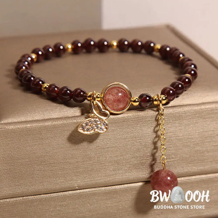 Buddha Stones Natural Garnet Strawberry Quartz Butterfly Protection Bracelet - BWOOOH - Garnet(Wrist Circumference