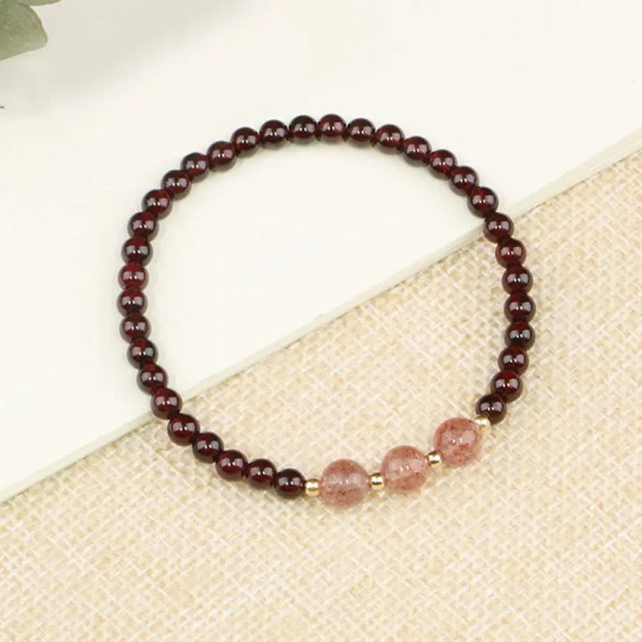 Buddha Stones Natural Garnet Strawberry Quartz Calm Bracelet - Three Strawberry Quartz&amp;Garnet / 14cm - Bracelet