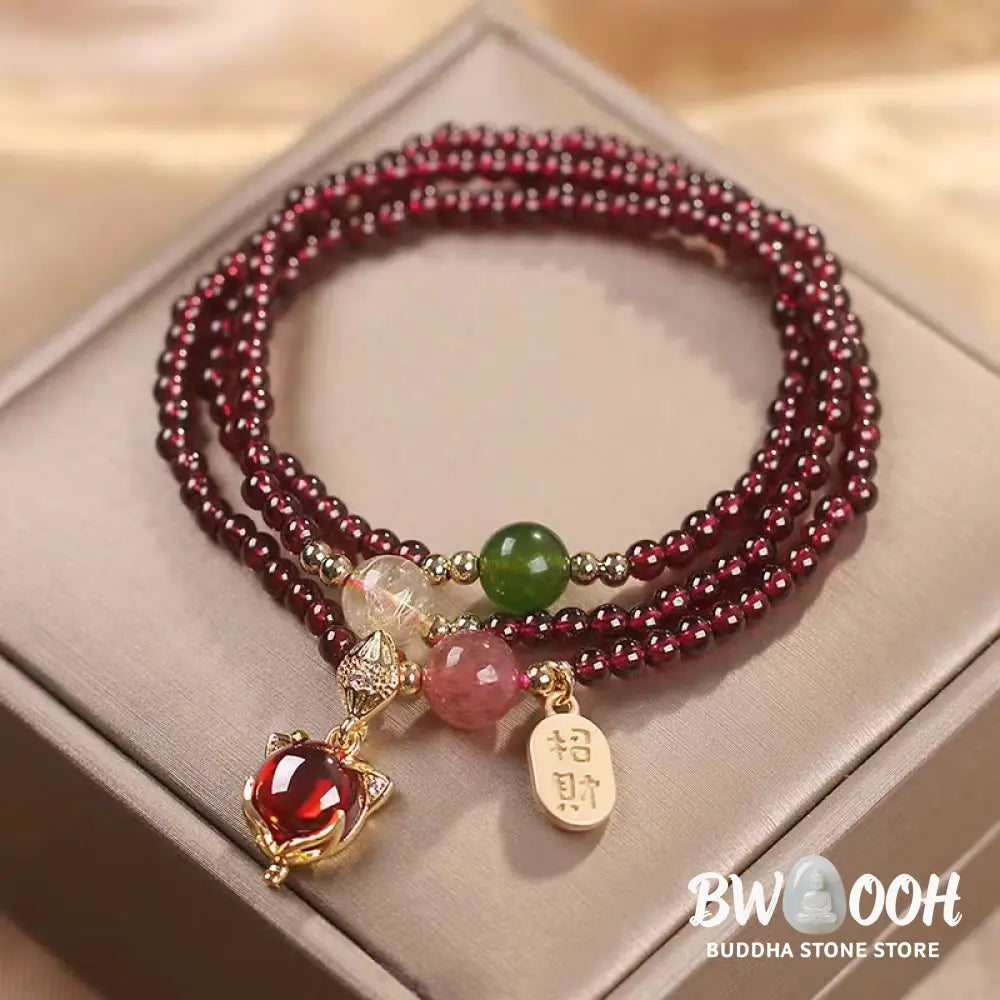 Buddha Stones Natural Garnet Strawberry Quartz Crystal Fox Koi Fish Peace Buckle Fortune Protection Triple Wrap