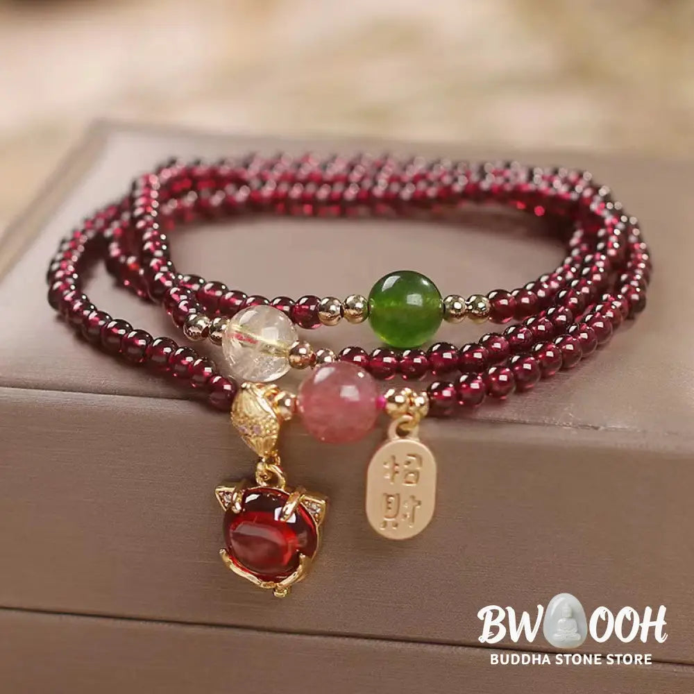 Buddha Stones Natural Garnet Strawberry Quartz Crystal Fox Koi Fish Peace Buckle Fortune Protection Triple Wrap