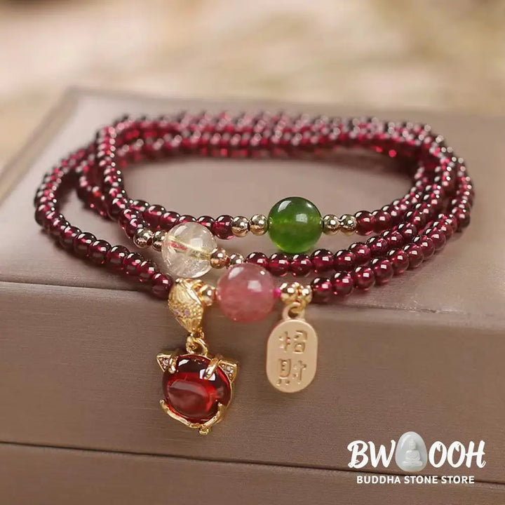 Buddha Stones Natural Garnet Strawberry Quartz Crystal Fox Koi Fish Peace Buckle Fortune Protection Triple Wrap