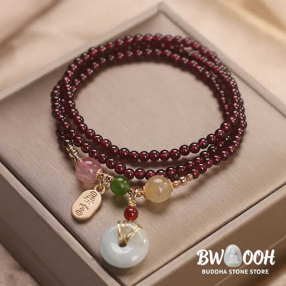 Buddha Stones Natural Garnet Strawberry Quartz Crystal Fox Koi Fish Peace Buckle Fortune Protection Triple Wrap