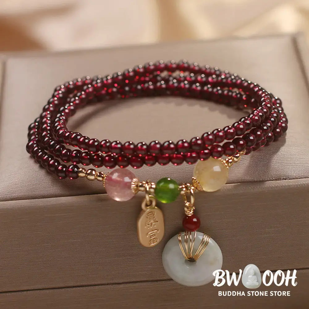 Buddha Stones Natural Garnet Strawberry Quartz Crystal Fox Koi Fish Peace Buckle Fortune Protection Triple Wrap