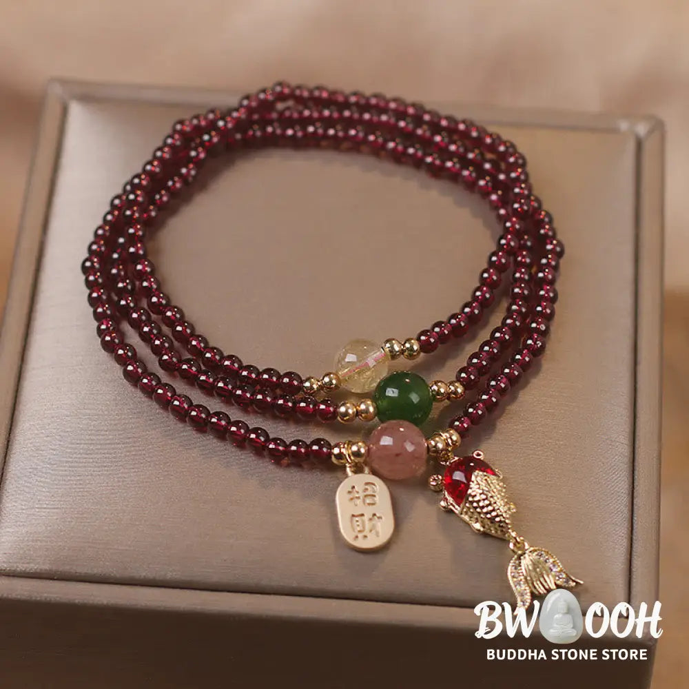 Buddha Stones Natural Garnet Strawberry Quartz Crystal Fox Koi Fish Peace Buckle Fortune Protection Triple Wrap