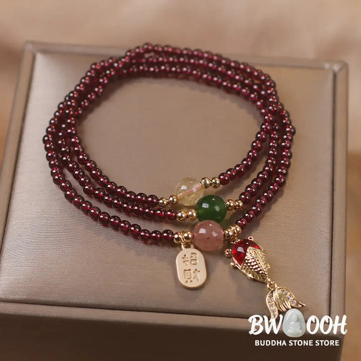 Buddha Stones Natural Garnet Strawberry Quartz Crystal Fox Koi Fish Peace Buckle Fortune Protection Triple Wrap