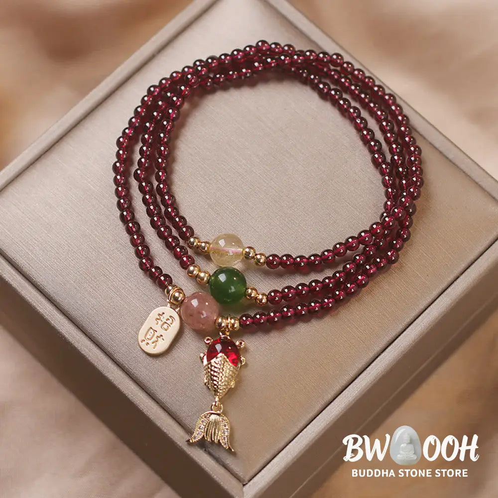 Buddha Stones Natural Garnet Strawberry Quartz Crystal Fox Koi Fish Peace Buckle Fortune Protection Triple Wrap