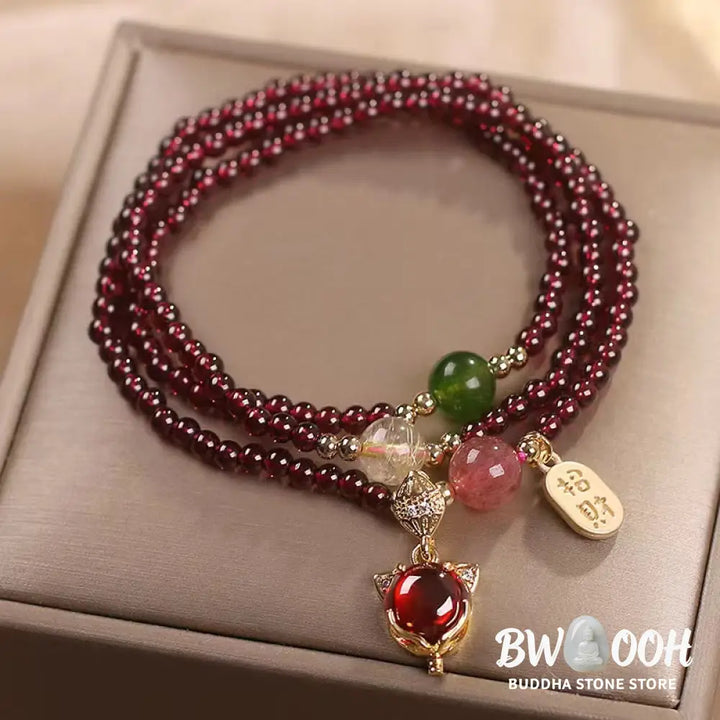 Buddha Stones Natural Garnet Strawberry Quartz Crystal Fox Koi Fish Peace Buckle Fortune Protection Triple Wrap