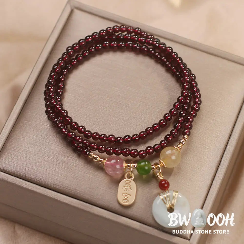 Buddha Stones Natural Garnet Strawberry Quartz Crystal Fox Koi Fish Peace Buckle Fortune Protection Triple Wrap
