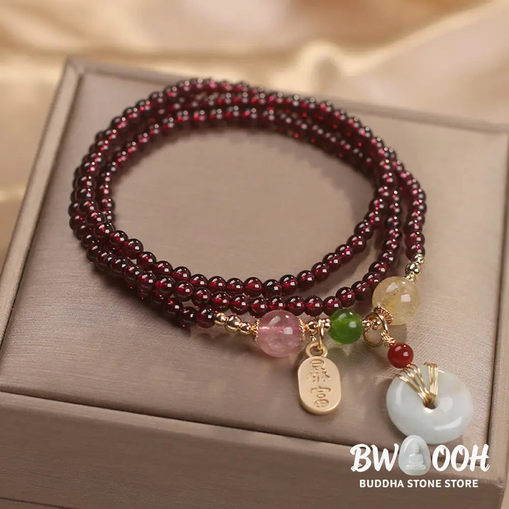 Buddha Stones Natural Garnet Strawberry Quartz Crystal Fox Koi Fish Peace Buckle Fortune Protection Triple Wrap