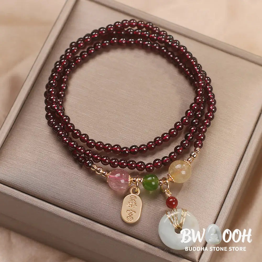 Buddha Stones Natural Garnet Strawberry Quartz Crystal Fox Koi Fish Peace Buckle Fortune Protection Triple Wrap