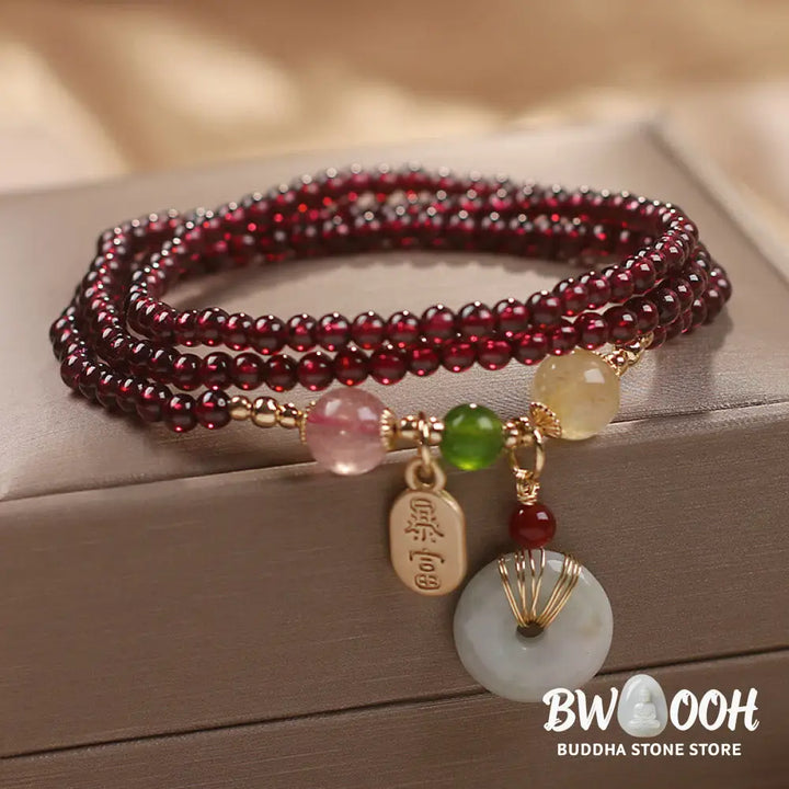 Buddha Stones Natural Garnet Strawberry Quartz Crystal Fox Koi Fish Peace Buckle Fortune Protection Triple Wrap
