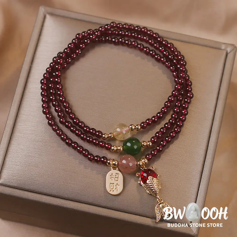 Buddha Stones Natural Garnet Strawberry Quartz Crystal Fox Koi Fish Peace Buckle Fortune Protection Triple Wrap