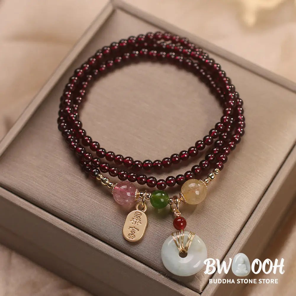 Buddha Stones Natural Garnet Strawberry Quartz Crystal Fox Koi Fish Peace Buckle Fortune Protection Triple Wrap