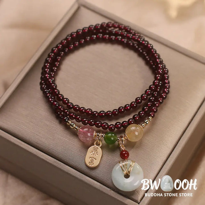 Buddha Stones Natural Garnet Strawberry Quartz Crystal Fox Koi Fish Peace Buckle Fortune Protection Triple Wrap