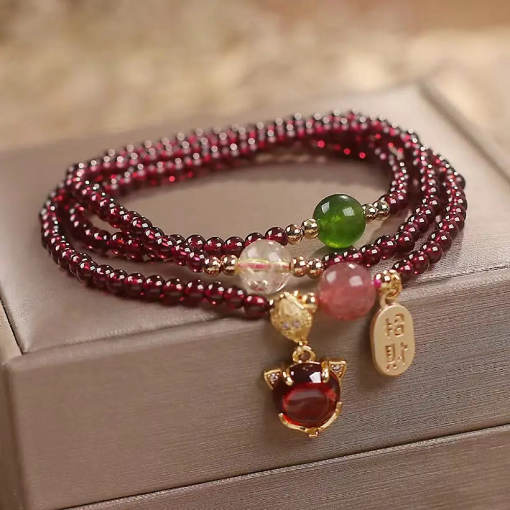 Buddha Stones Natural Garnet Strawberry Quartz Crystal Fox Koi Fish Peace Buckle Fortune Protection Triple Wrap