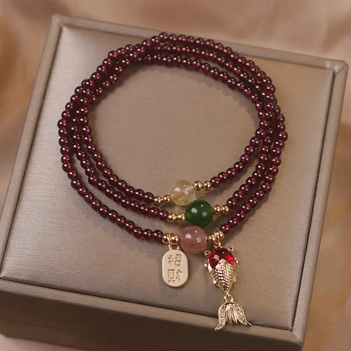 Buddha Stones Natural Garnet Strawberry Quartz Crystal Fox Koi Fish Peace Buckle Fortune Protection Triple Wrap