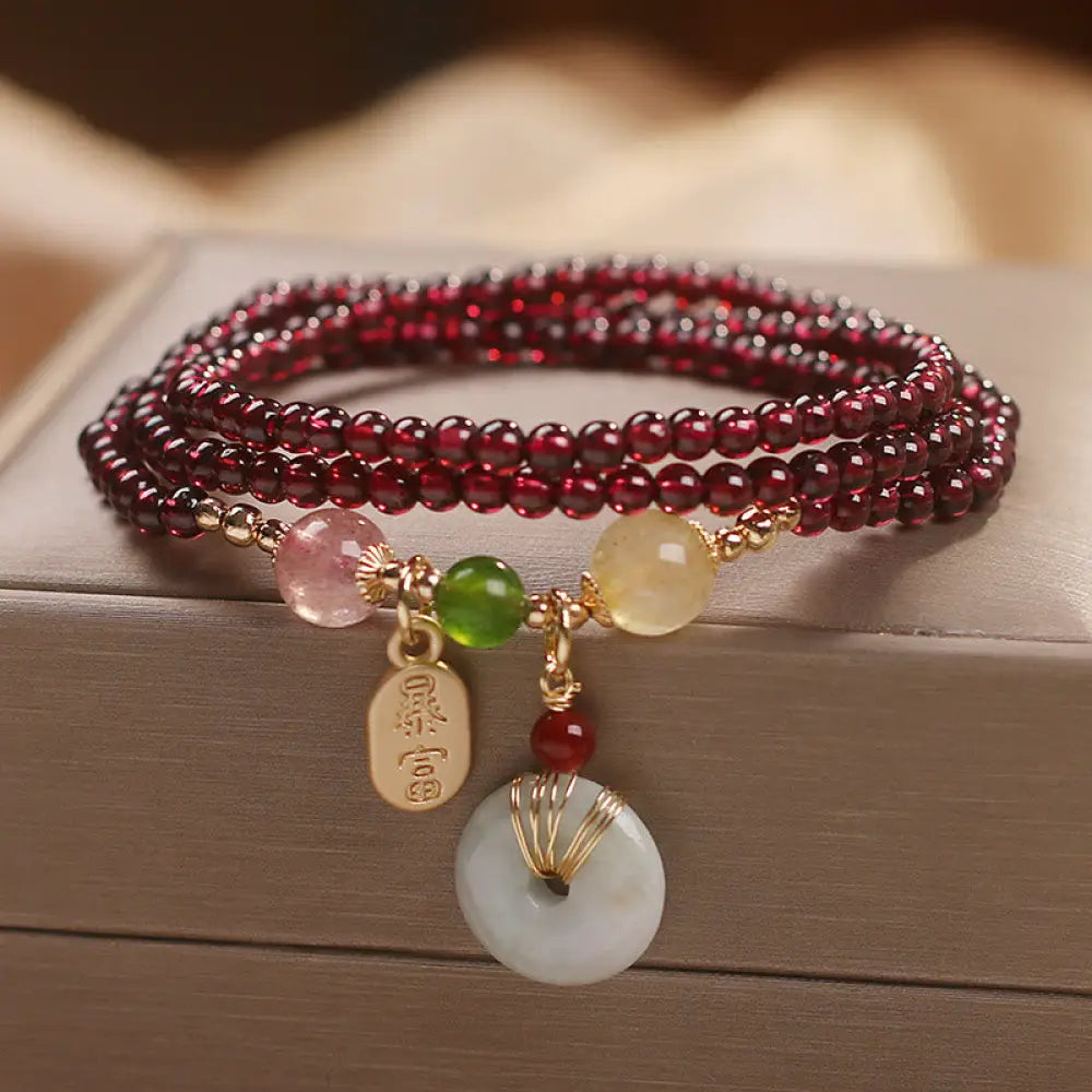 Buddha Stones Natural Garnet Strawberry Quartz Crystal Fox Koi Fish Peace Buckle Fortune Protection Triple Wrap