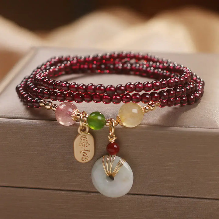 Buddha Stones Natural Garnet Strawberry Quartz Crystal Fox Koi Fish Peace Buckle Fortune Protection Triple Wrap
