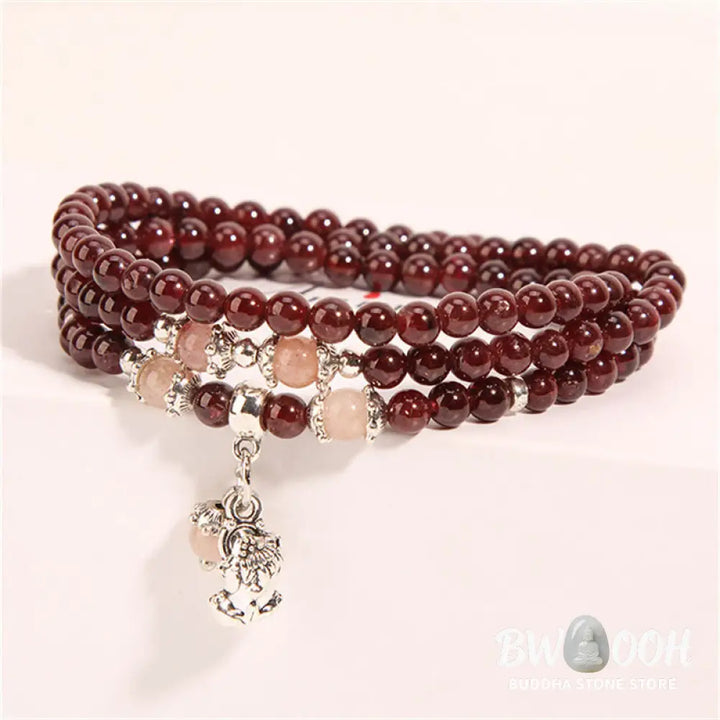Buddha Stones Natural Garnet Strawberry Quartz Green Beans PiXiu Protection Triple Wrap Bracelet - BWOOOH - Bracelet