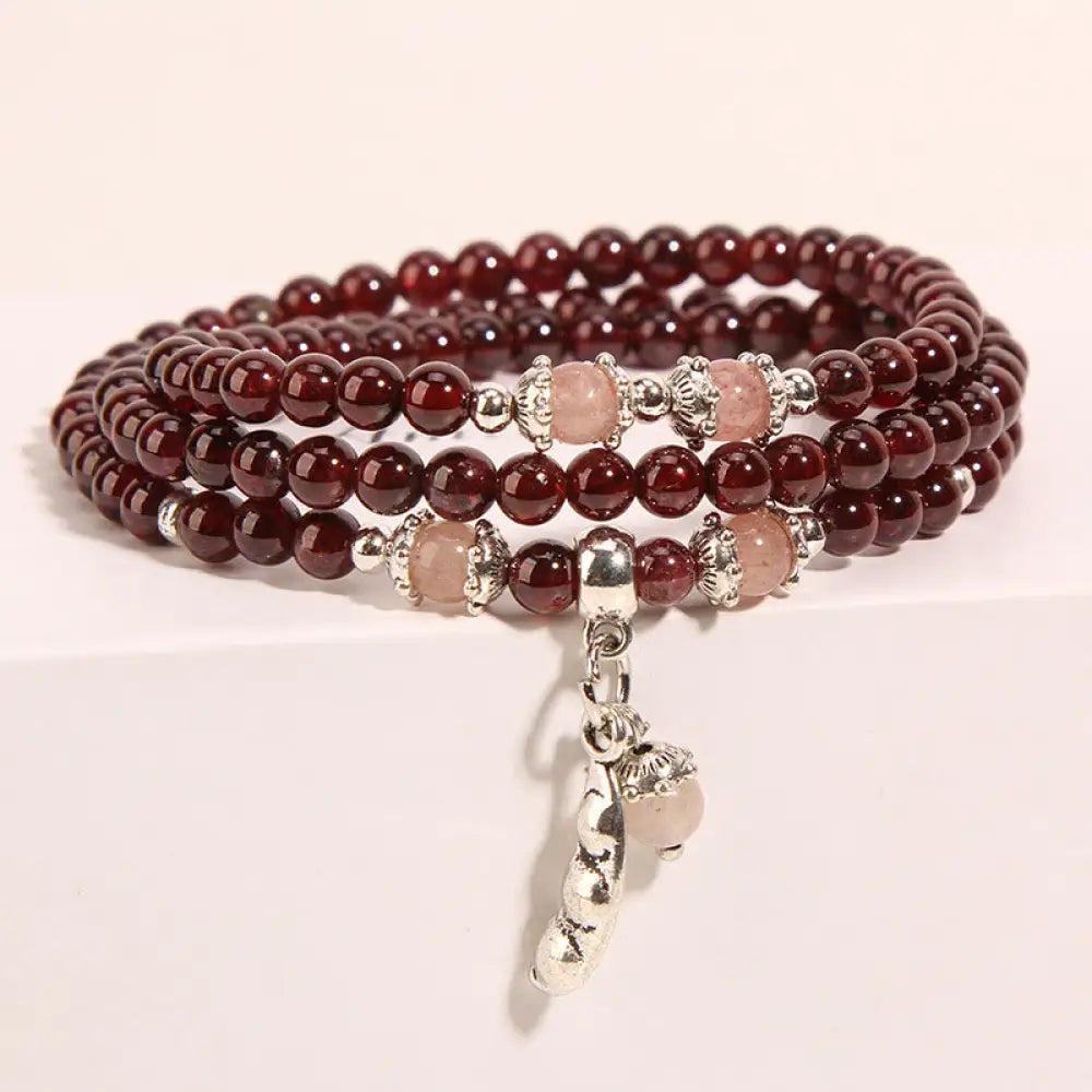 BWOOOH Natural Garnet Strawberry Quartz Green Beans PiXiu Protection Triple Wrap Bracelet - BWOOOH