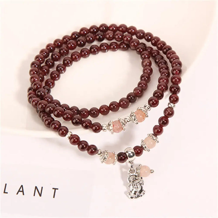 Buddha Stones Natural Garnet Strawberry Quartz Green Beans PiXiu Protection Triple Wrap Bracelet - BWOOOH